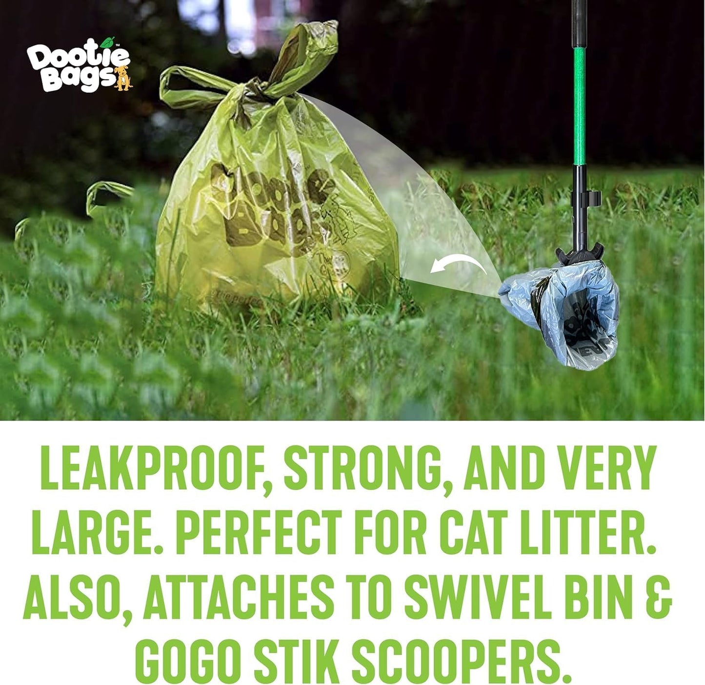Original Dootie Bag: Premium Large Dog Poop Bags with EZ Tie Handles - Strong, Leakproof Design for Pet Waste Cleanup, Ideal for Dogs and Cat Litter, Compatible with Swivel Bins and Scoopers.