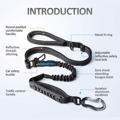 Heavy-Duty Multifunctional Tactical Dog Leash - 4-6 FT Bungee Lead with Car Seatbelt and Shock Absorption for Large and Medium Dogs