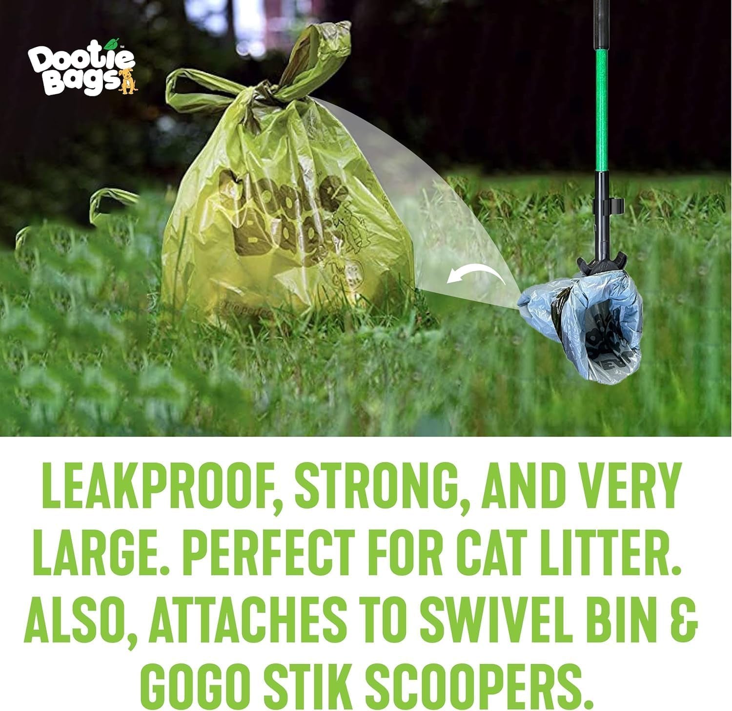 Original Dootie Bag: Premium Large Dog Poop Bags with EZ Tie Handles - Strong, Leakproof Design for Pet Waste Cleanup, Ideal for Dogs and Cat Litter, Compatible with Swivel Bins and Scoopers.