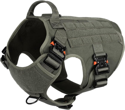 Professional Tactical Dog Harness with 4X Metal Buckles, MOLLE K9 Vest for Working Dogs, No Pull Front Clip, Adjustable Large Dog Harness (Size L: 28"-35" Chest), Green