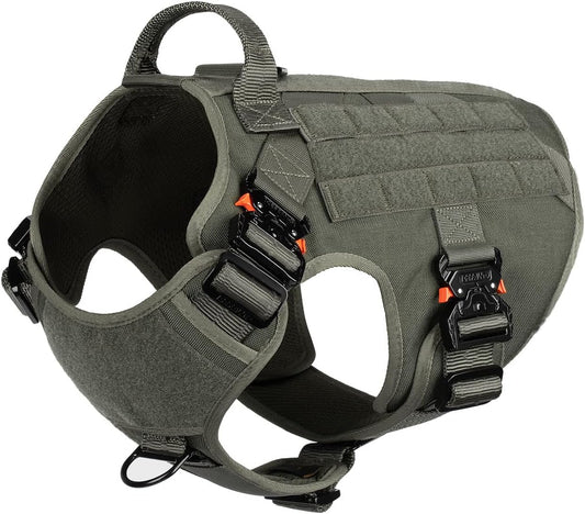 Professional Tactical Dog Harness with 4X Metal Buckles, MOLLE K9 Vest for Working Dogs, No Pull Front Clip, Adjustable Large Dog Harness (Size L: 28"-35" Chest), Green