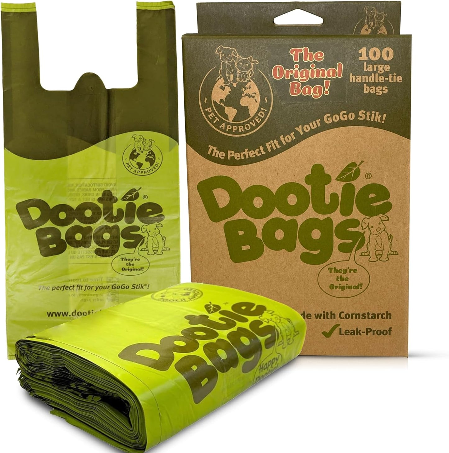 Original Dootie Bag: Premium Large Dog Poop Bags with EZ Tie Handles - Strong, Leakproof Design for Pet Waste Cleanup, Ideal for Dogs and Cat Litter, Compatible with Swivel Bins and Scoopers.