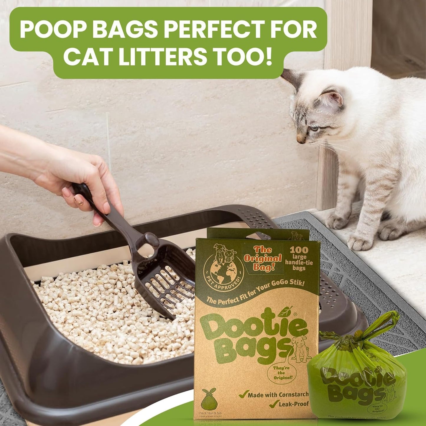 Original Dootie Bag: Premium Large Dog Poop Bags with EZ Tie Handles - Strong, Leakproof Design for Pet Waste Cleanup, Ideal for Dogs and Cat Litter, Compatible with Swivel Bins and Scoopers.