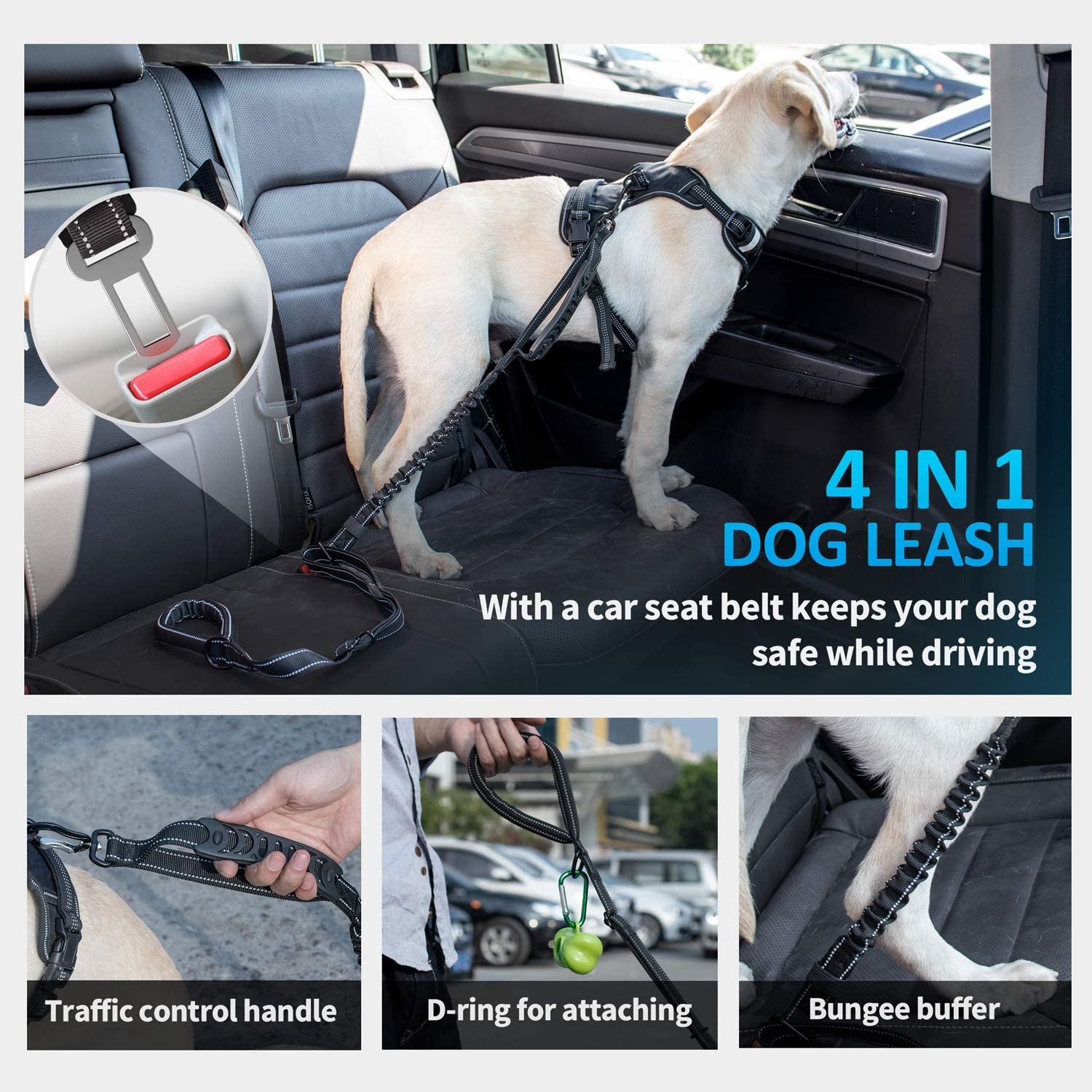 Heavy-Duty Multifunctional Tactical Dog Leash - 4-6 FT Bungee Lead with Car Seatbelt and Shock Absorption for Large and Medium Dogs