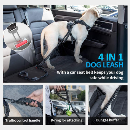Heavy-Duty Multifunctional Tactical Dog Leash - 4-6 FT Bungee Lead with Car Seatbelt and Shock Absorption for Large and Medium Dogs