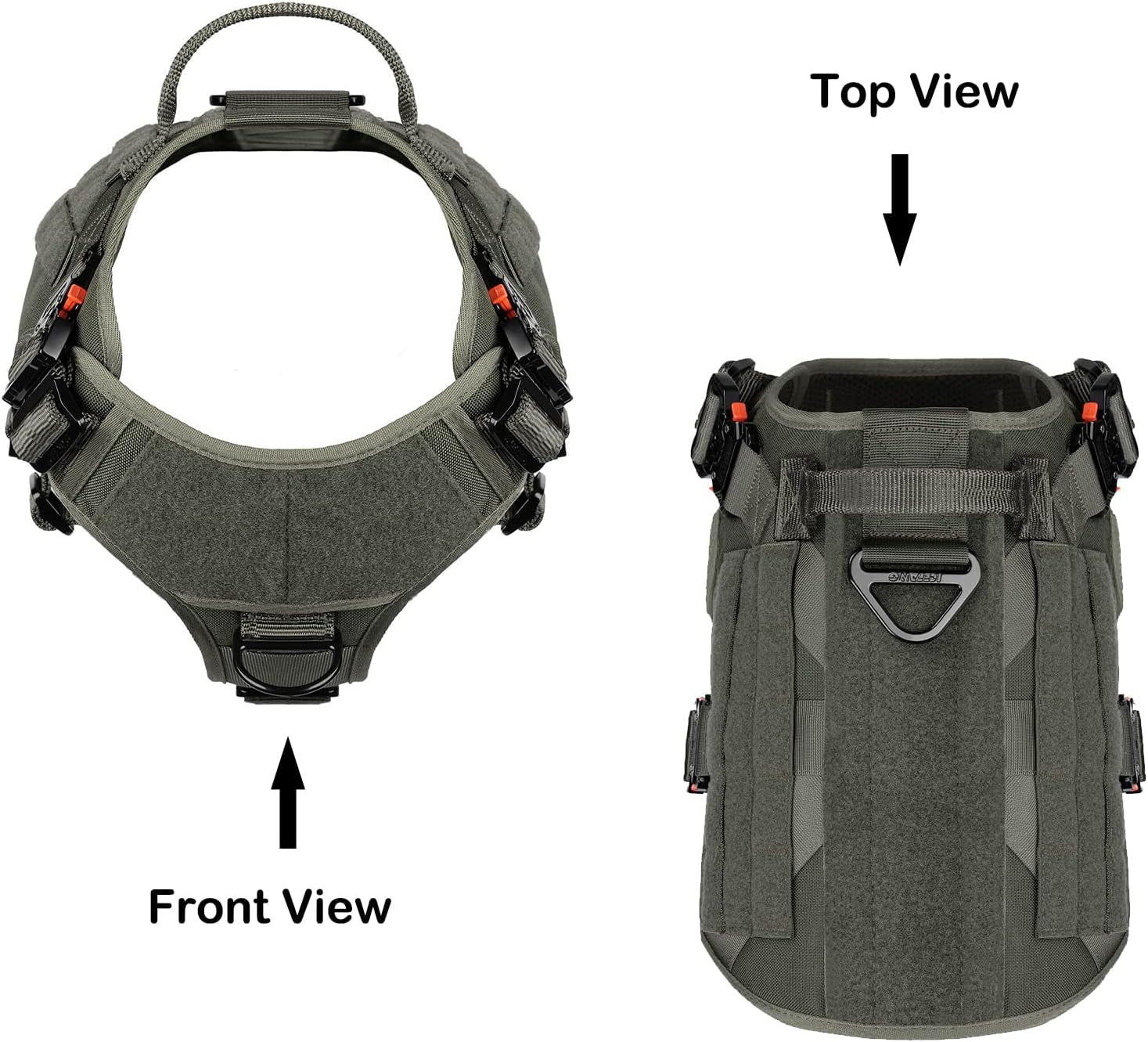 Professional Tactical Dog Harness with 4X Metal Buckles, MOLLE K9 Vest for Working Dogs, No Pull Front Clip, Adjustable Large Dog Harness (Size L: 28"-35" Chest), Green